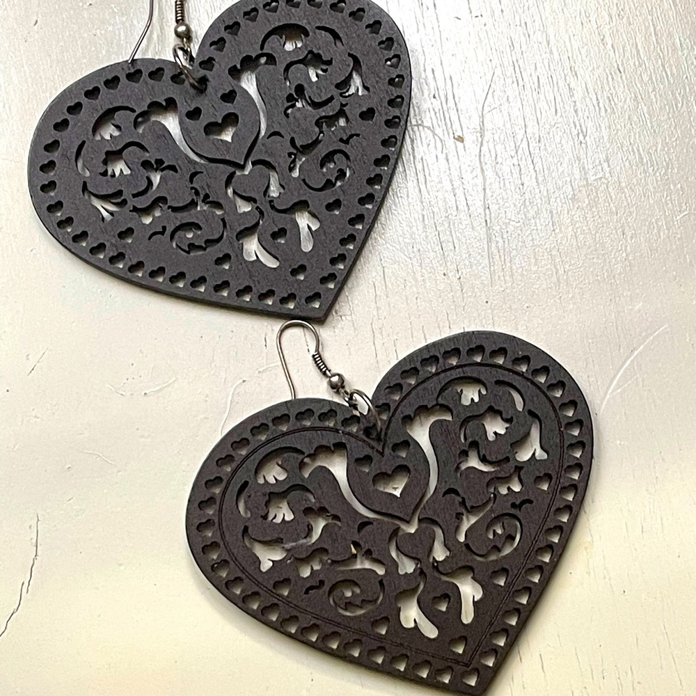 Carved Wooden Heart Earrings
